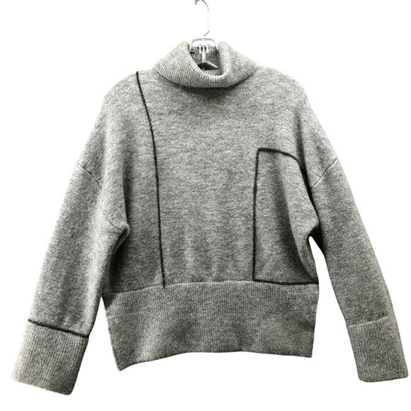 Zara Oversized Turtleneck Sweater Womens S Gray Fuzzy With Wool Boxy Geometric - Picture 1 of 10